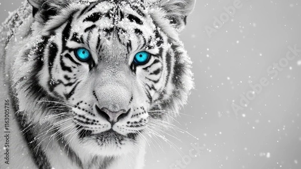 Fototapeta Majestic white tiger with striking blue eyes standing in snow during winter showcasing powerful beauty and serene environment.