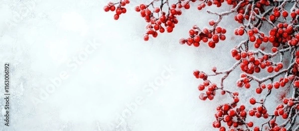Fototapeta Winter Scene with Frosted Scarlet Berries on Branches and Blank Space for Customizable Text or Design Elements