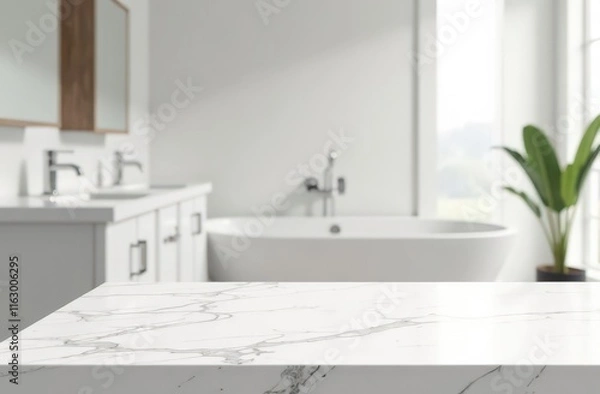 Fototapeta White bathroom interior. Empty marble table top for product display with blurred bathroom interior background. digital ai art 