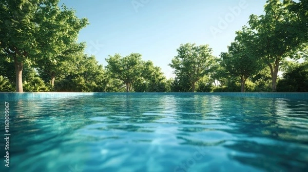 Fototapeta Serene outdoor swimming pool scene surrounded by lush trees under a clear blue sky showcasing luxury and tranquility in a perfect setting