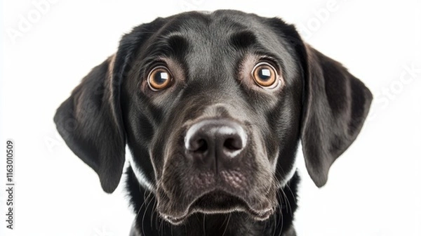 Fototapeta Sad Labrador dog showing signs of stress and confusion due to separation anxiety when left alone at home indoors on a white background
