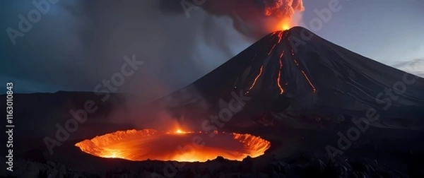 Obraz A breathtaking view of a volcano erupting with robots monitoring the situation
