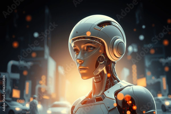 Fototapeta futuristic robot with sleek design stands in glowing cityscape, surrounded by digital elements, showcasing advanced technology and artificial intelligence