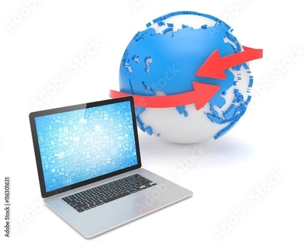 Fototapeta Laptop network and earth globe. 3d rendering.