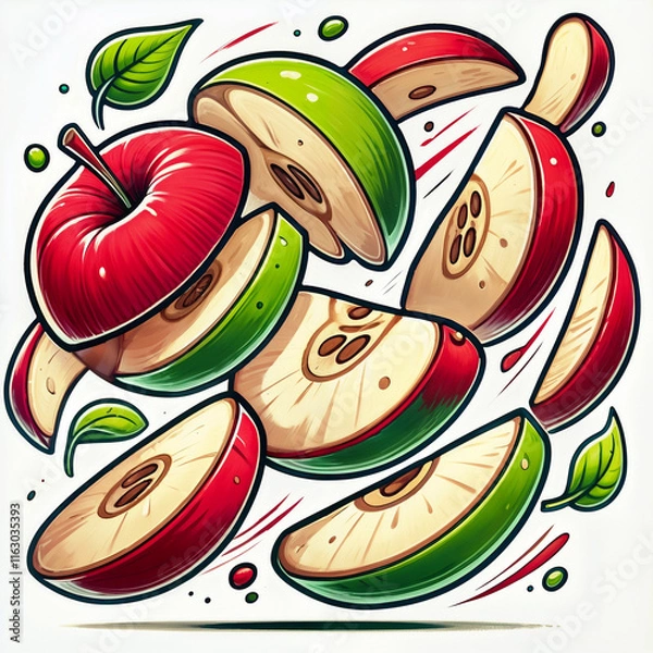 Fototapeta Dynamic illustration of sliced red and green apples in cartoon style with floating pieces and decorative leaves. Ideal for food-related designs and healthy lifestyle content