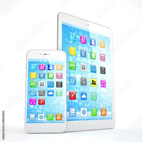 Fototapeta Tablet and smartphone on a white. 3d rendering.