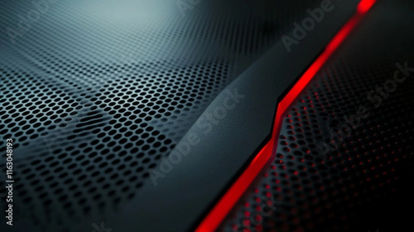 Fototapeta Close-up of a perforated black metal surface with glowing red light, creating a futuristic industrial look