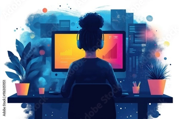 Fototapeta Modern illustration of a creative professional working in a vibrant workspace