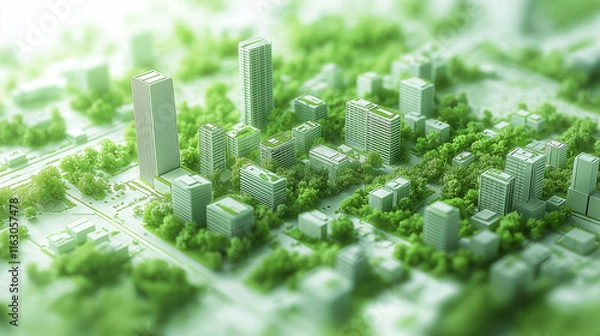Fototapeta Green sketch of a plan map for a city's central square, with green buildings on a white background