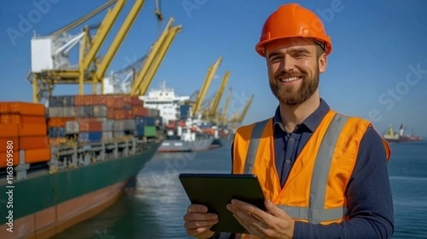 Fototapeta Smiling male logistics manager standing at docks, wearing safety vest and hard hat, holding tablet, overseeing cargo ship operations, ensuring smooth shipping and delivery process.
