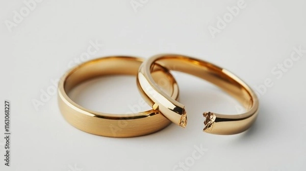 Fototapeta Symbolic representation of broken commitment: two gold wedding rings with one broken