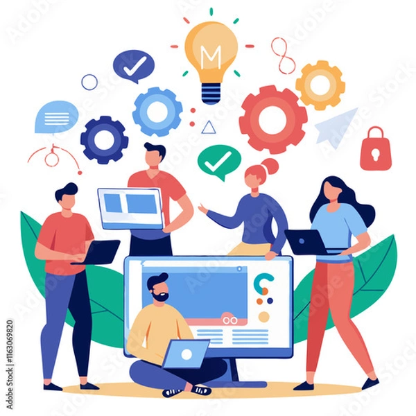 Fototapeta Team collaborates using digital tools for innovative brainstorming session at creative workspace