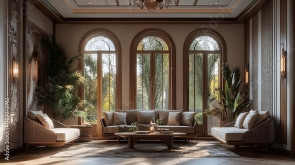 Fototapeta Luxurious living room with arched windows, wooden floors, and beige sofas.