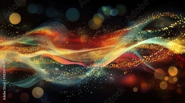 Obraz A hologram depicting abstract shapes with a technological aesthetic, featuring glowing grids and data-like streams