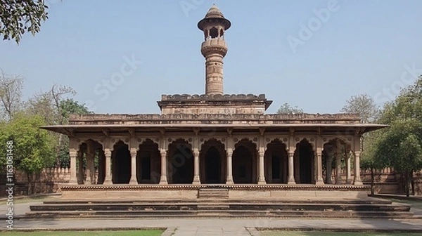 Fototapeta Ancient sandstone mosque with a tall minaret under a clear sky.