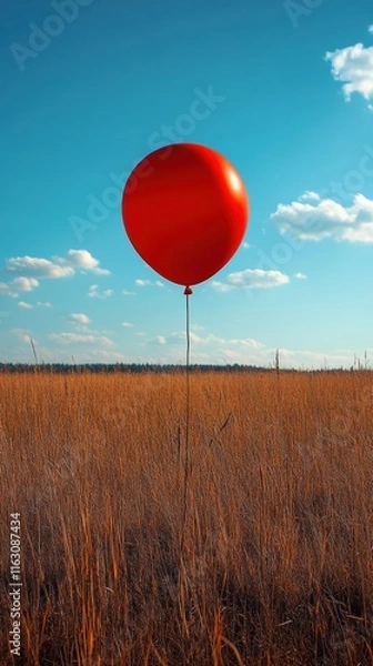 Fototapeta A solitary vibrant red balloon floating gently above a vast golden field under a clear blue sky, captured amidst a serene landscape with scattered fluffy clouds