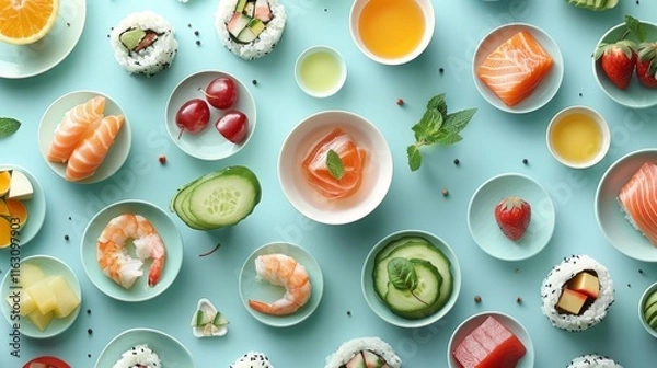 Fototapeta A colorful assortment of sushi and fresh ingredients arranged on a blue background.