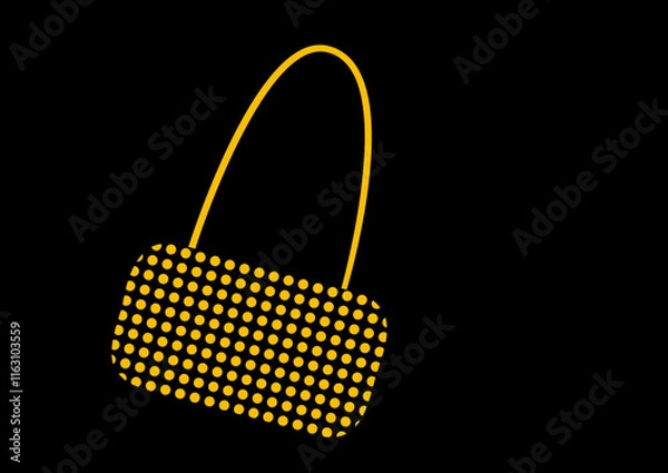 Obraz Vector illustration of a handbag on a black background. The handbag is yellow with a hint of gold. It has a pattern of yellow dots on a black background.