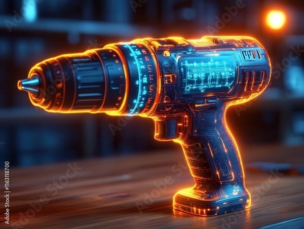 Fototapeta Cordless drill on a wooden table with glowing holographic power settings projected in mid-air, sleek modern design, neon highlights, sharp focus on details