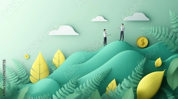 Fototapeta Two figures exchanging ideas on a stylized landscape with foliage and currency symbols.