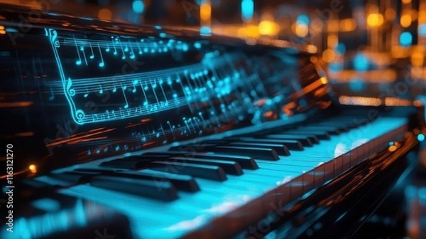 Fototapeta Sheet music on a piano, glowing holographic notes projected in mid-air, sleek modern background, neon lighting, sharp focus on details, clean and futuristic