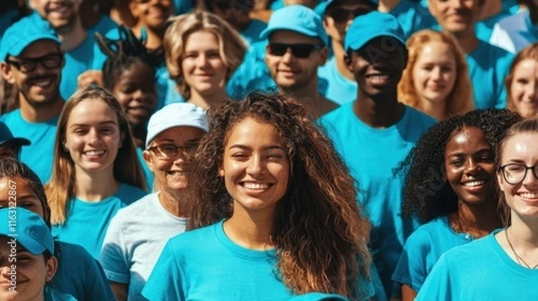 Fototapeta Diverse group of cheerful volunteers wearing matching turquoise t-shirts and caps, smiling together outdoors, representing unity and community spirit during charity event, copy space.