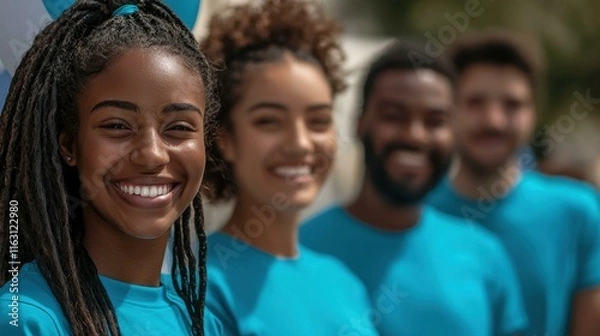 Obraz Smiling team of diverse volunteers wearing matching blue shirts