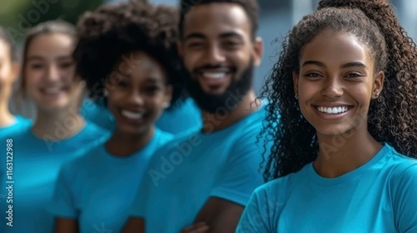 Fototapeta Smiling volunteers in blue shirts engage in community service event