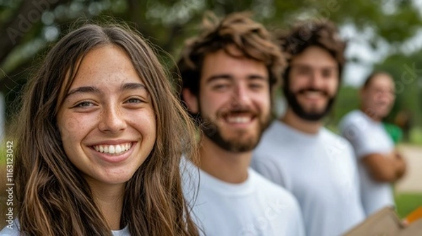 Obraz Smiling diverse group of four young volunteers standing outdoors, wearing matching t-shirts, ready to make a positive impact, enthusiastic about community service and helping others.