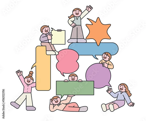 Obraz People holding speech bubbles are hugging or standing. Pyramid shape. Cuttiny character with outline.