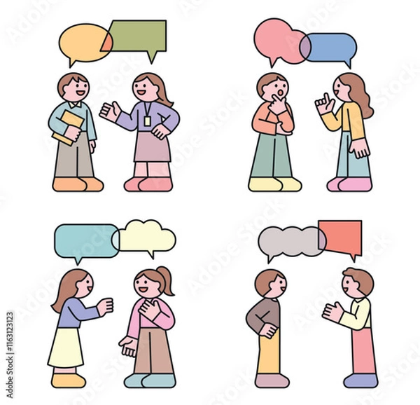 Obraz Two people are meeting and talking. There are speech bubbles above their heads. Cuttiny character with outline.
