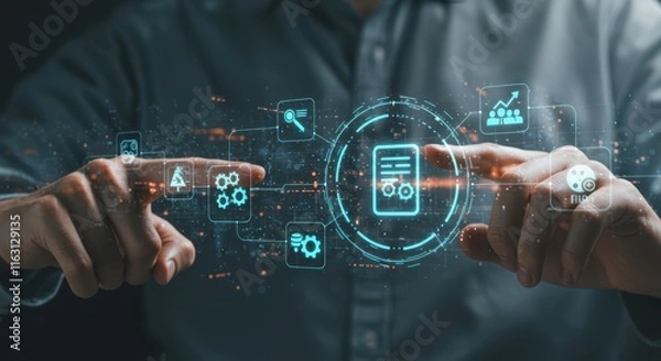 Fototapeta Futuristic digital interface with holographic technology and data visualizations