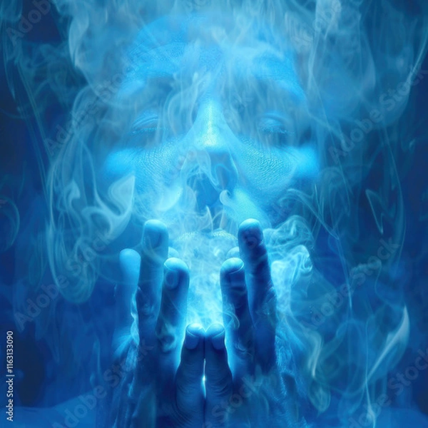 Obraz Men wrapping hands around his head in healing gestures of reiki and energy healing