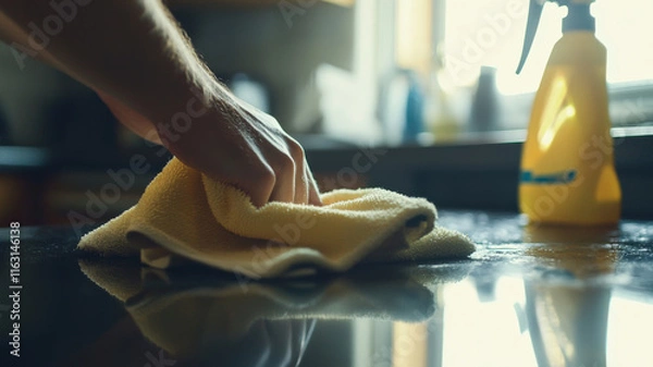 Fototapeta A person wipes down kitchen counters with a cloth, showcasing cleanliness and attention to detail in maintaining a tidy and organized kitchen space.