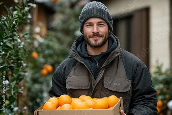 Fototapeta A farmer stands with a box of tangerines, a man picks oranges and tangerines from a citrus plantation, harvesting, picking oranges from a tree