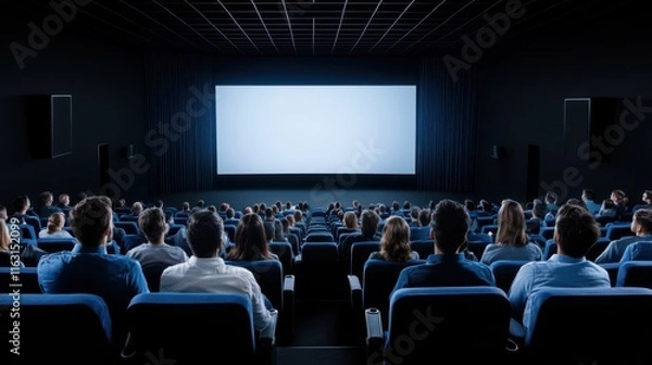 Fototapeta Audience Watching Movie in Dark Cinema with Blank Projector Screen Ready for Film Presentation