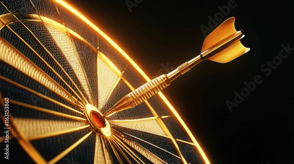Fototapeta Business direction and target, sleek golden dart striking center of dartboard, symbolizing precision and success