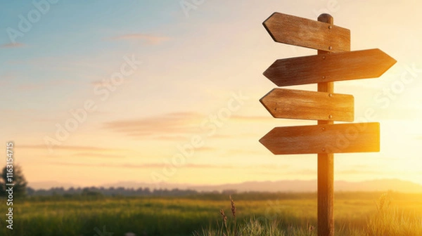 Fototapeta Business direction and target, Weathered signpost at crossroads with directional arrows, evoking choices and adventure