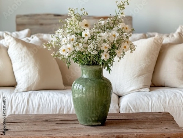 Fototapeta Rustic Coffee Table with Sage Green Vase and Fresh White Flowers
