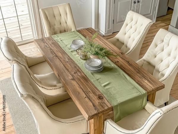 Obraz Rustic Dining Table with Sage Green Table Runner and Elegant Chairs