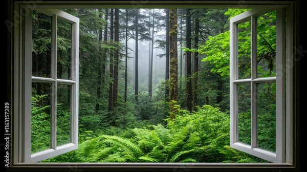 Fototapeta serene view through open window reveals misty forest filled with lush ferns and vibrant greenery, creating peaceful atmosphere