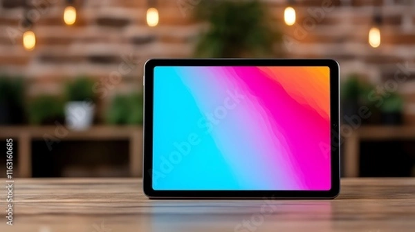 Fototapeta Modern tablet on wooden table with vivid screen.