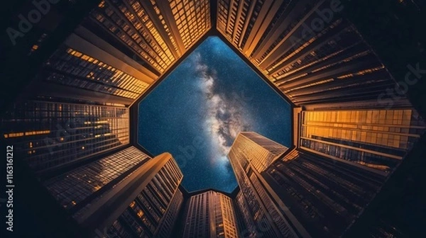 Fototapeta Milky Way visible in city's skyscraper courtyard at night.