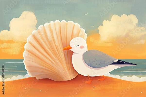 Obraz Seagull and scallop shell together. Illustration on a marine theme. The bird leans against the mollusk shell