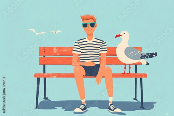 Obraz A young man in sunglasses and a striped shirt sits and rests on a bench in the park. A large seagull sits nearby.
