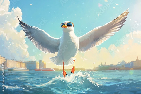 Obraz A happy seagull in sunglasses with its wings spread flies against the backdrop of the city's coastal strip, houses and the sea. Sea waves and the city on a sunny day