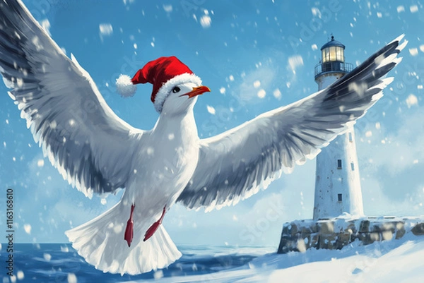 Obraz White bird with Santa Claus hat against the sea and sea lighthouse. Seagull in winter against the background of falling snow. Winter postcard