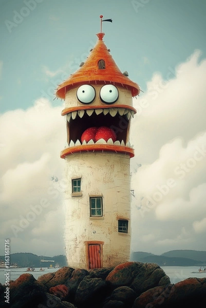 Obraz Funny and scary monster in the form of a lighthouse on the seashore. Sea monster with teeth and big round teeth on a rock