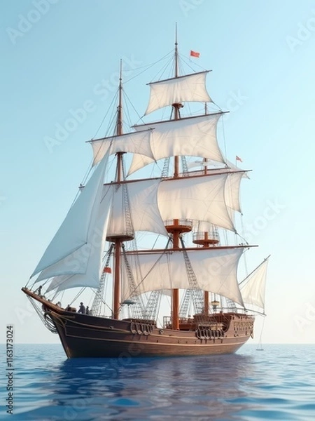 Fototapeta A majestic, three-masted sailing ship cuts through the waves under billowing white sails, its sturdy brown mast standing strong against the ocean's fury