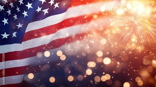 Obraz Vintage American flag with blurred fireworks in the sky, wide banner background for American national holiday celebration with copy space